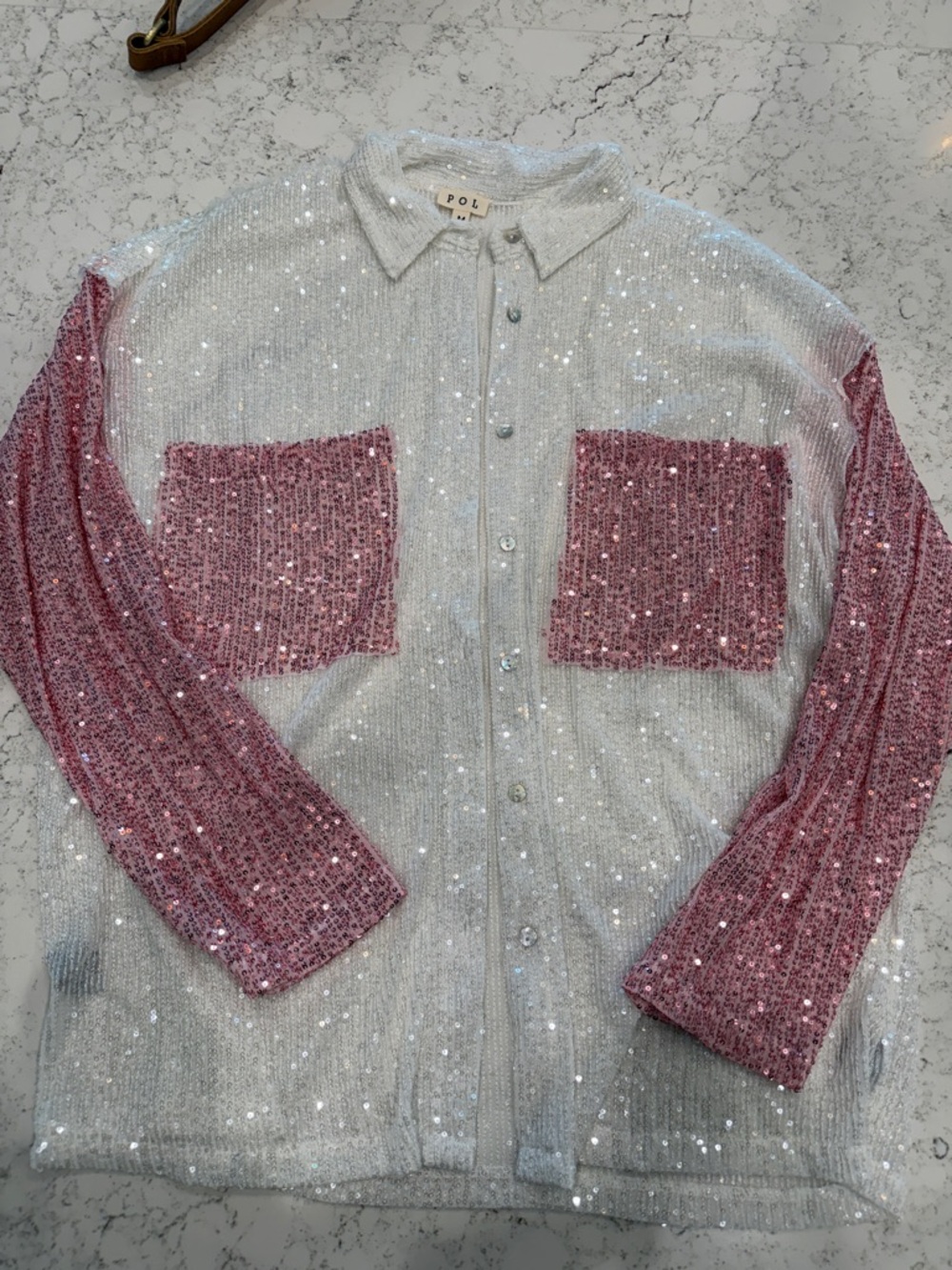 POL Silver Sequin Shirt with Pink Sequin Pockets & Sleeves